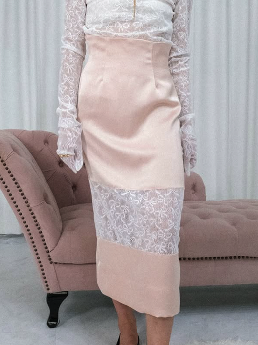 RIBBONPATTERN LACE BLOCKED DOUBLE SATIN SKIRT