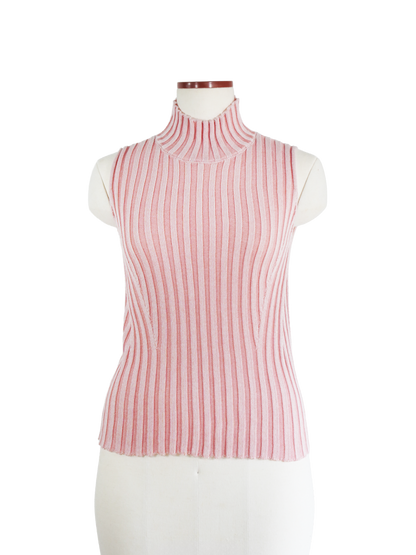NO-SLEEVE STRIPED RIB KNIT TOP