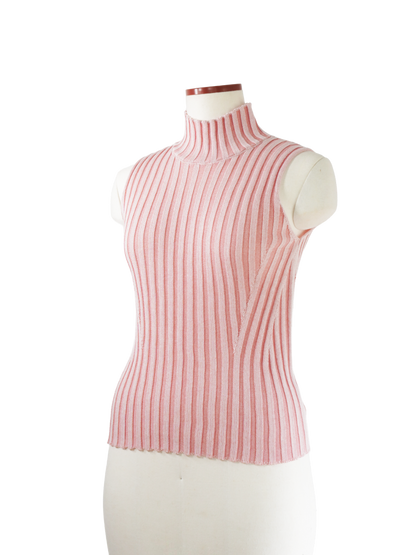 NO-SLEEVE STRIPED RIB KNIT TOP